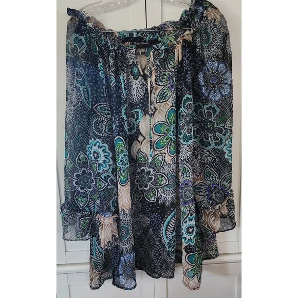 Maggie Barnes Women's Floral Metallic Wide Elastic Neck Sheer Flowy Plus 3X - Picture 1 of 5